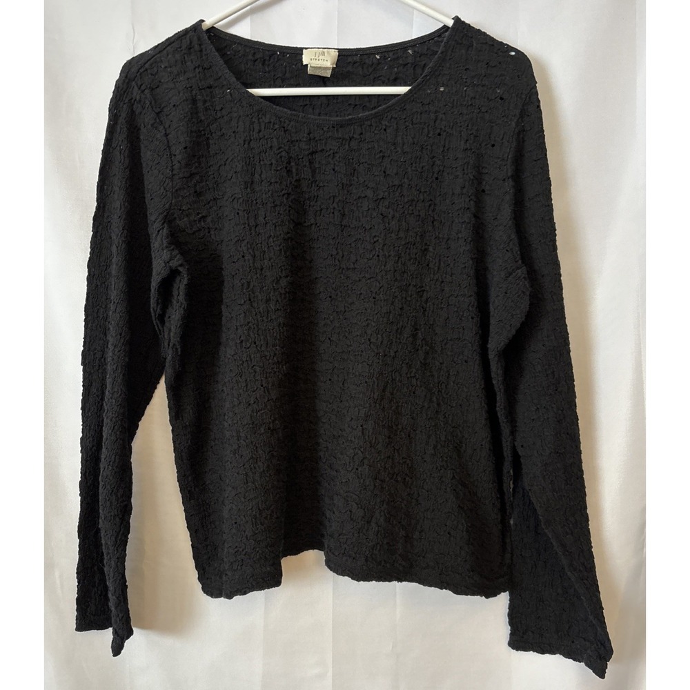 J Jill Stretch Black Shirt Ruffled Crepe Long Sleeve Women's Crew Neck L